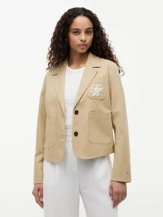 Blazer din twill elastic cu monogramă script