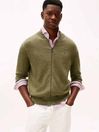 Cardigan din bumbac cu fermoar, stil baseball