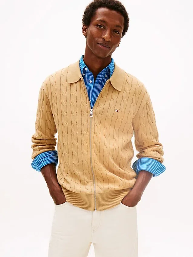 Cardigan polo cu fermoar și tricotaj în relief Cardigan polo cu fermoar și tricotaj în relief