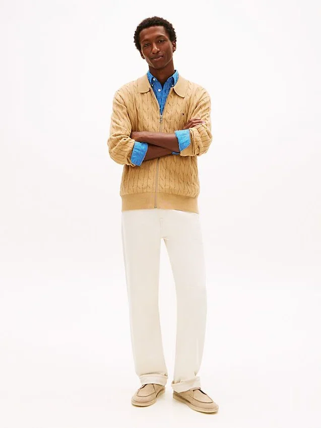 Cardigan polo cu fermoar și tricotaj în relief Cardigan polo cu fermoar și tricotaj în relief