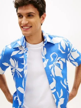 Cămașă din amestec de bumbac și in cu imprimeu tropical