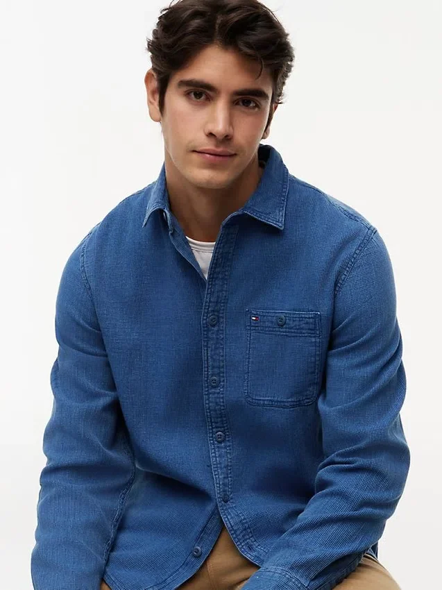 Cămașă din denim cu model waffle vopsită în indigo Cămașă din denim cu model waffle vopsită în indigo