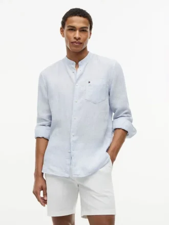 Cămașă din in cu guler cu bandă, croială regular