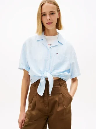 Cămașă Tommy Jeans din amestec de in, cu nod în față