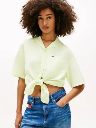 Cămașă Tommy Jeans din amestec de in, cu nod în față