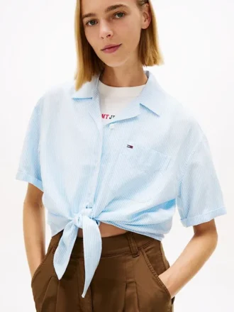 Cămașă Tommy Jeans din amestec de in, cu nod în față