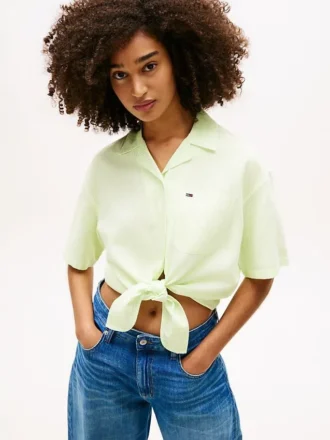 Cămașă Tommy Jeans din amestec de in, cu nod în față