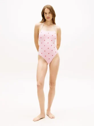 Costum de baie cu bretele și monogramă script pe toată suprafața