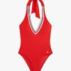 Costum de baie cu decolteu adânc și bretele tip halter, cu dungi caracteristice Costum de baie cu decolteu adânc și bretele tip halter, cu dungi caracteristice