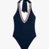 Costum de baie cu decolteu adânc și bretele tip halter, cu dungi caracteristice Costum de baie cu decolteu adânc și bretele tip halter, cu dungi caracteristice