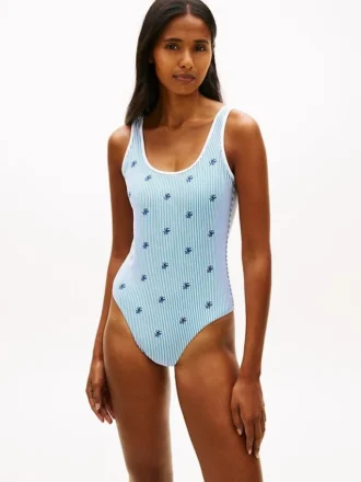 Costum de baie cu decolteu rotund și monogramă script pe toată suprafața