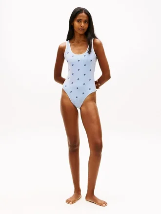 Costum de baie cu decolteu rotund și monogramă script pe toată suprafața