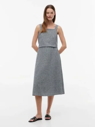 Fustă midi din amestec de in și bumbac cu imprimeu gingham