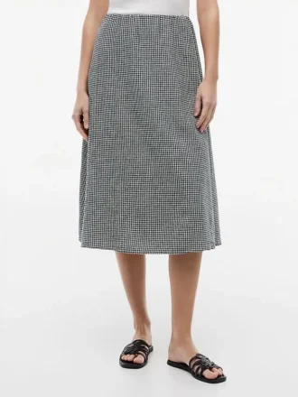 Fustă midi din amestec de in și bumbac cu imprimeu gingham