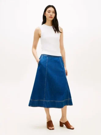 Fustă midi din denim cu talie înaltă și croi evazat