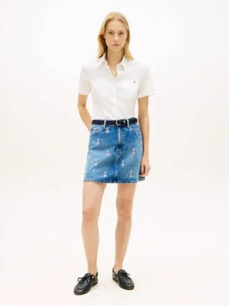 Fustă mini din denim cu talie înaltă și emblemă pe toată suprafața