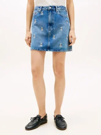 Fustă mini din denim cu talie înaltă și emblemă pe toată suprafața