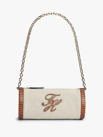Geantă din in cu monogramă și curea cu lanț Geantă din in cu monogramă și curea cu lanț