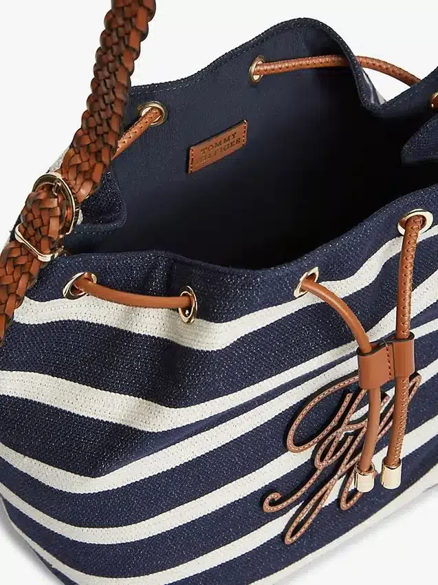 Geantă tip sac cu monogramă script și dungi bretone Geantă tip sac cu monogramă script și dungi bretone