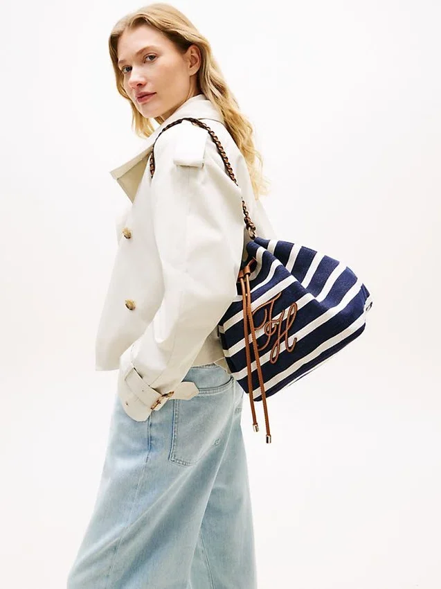 Geantă tip sac cu monogramă script și dungi bretone Geantă tip sac cu monogramă script și dungi bretone