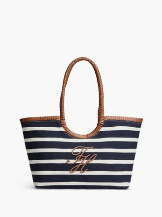 Geantă tote cu monogramă script și dungi bretone