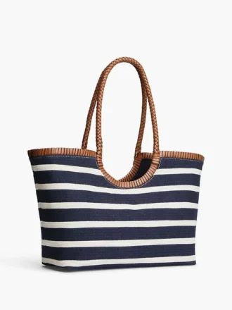 Geantă tote cu monogramă script și dungi bretone