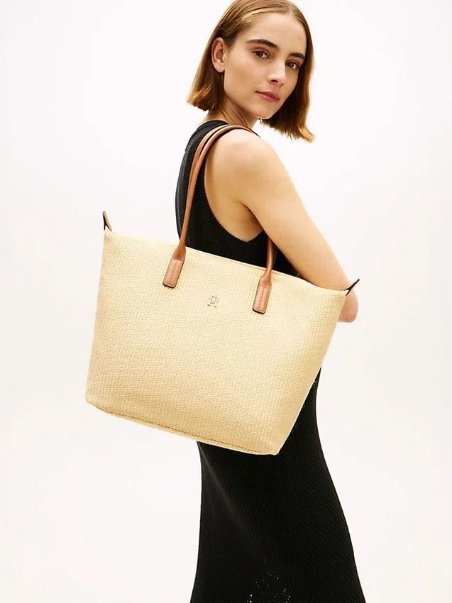 Geantă tote din rafie cu logo monogramă Geantă tote din rafie cu logo monogramă