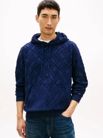 Hanorac cu glugă din velur jacquard cu logo cu steaguri pe toată suprafața