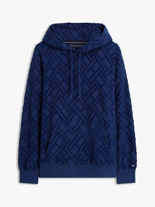 Hanorac cu glugă din velur jacquard cu logo cu steaguri pe toată suprafața Hanorac cu glugă din velur jacquard cu logo cu steaguri pe toată suprafața