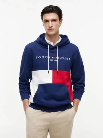 Hanorac cu glugă și blocuri de culoare, cu logo Tommy brodat