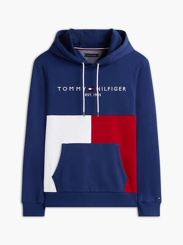 Hanorac cu glugă și blocuri de culoare, cu logo Tommy brodat Hanorac cu glugă și blocuri de culoare, cu logo Tommy brodat
