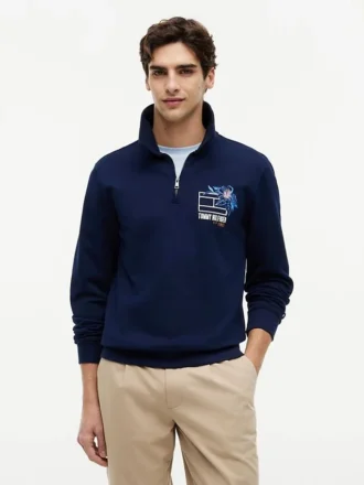 Hanorac polo cu logo floral și fermoar pe un sfert