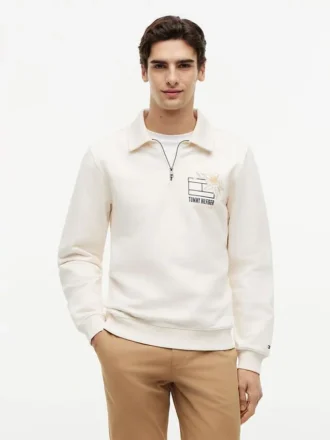 Hanorac polo cu logo floral și fermoar pe un sfert