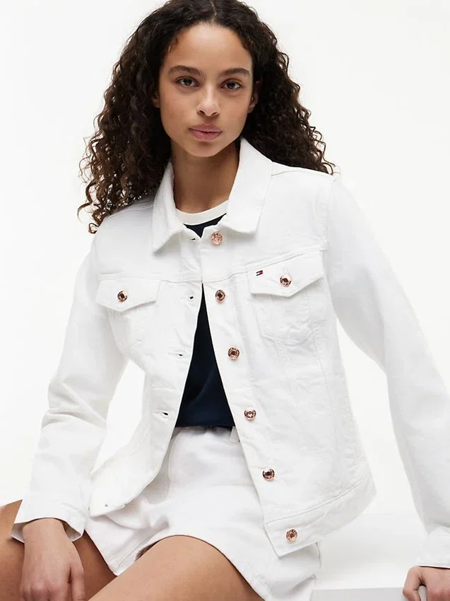 Jachetă din denim elastic, croială slim, albă Jachetă din denim elastic, croială slim, albă
