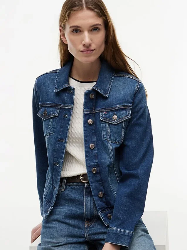 Jachetă din denim elastic, croială slim, spălare închisă Jachetă din denim elastic, croială slim, spălare închisă
