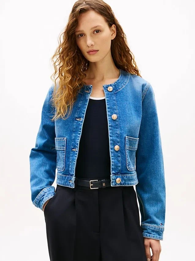 Jachetă din denim spălat mediu pentru femei Jachetă din denim spălat mediu pentru femei