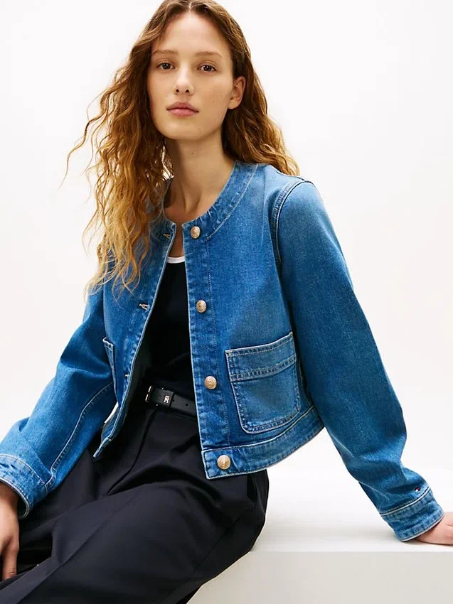 Jachetă din denim spălat mediu pentru femei Jachetă din denim spălat mediu pentru femei