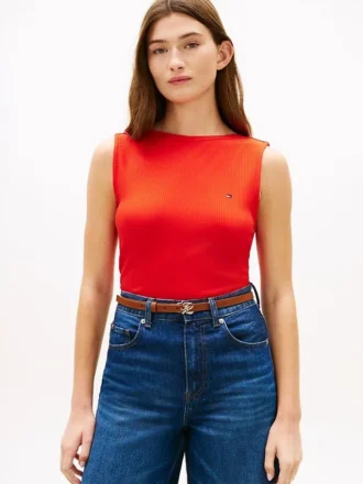 Maiou slim fit cu guler barcă din tricot rib