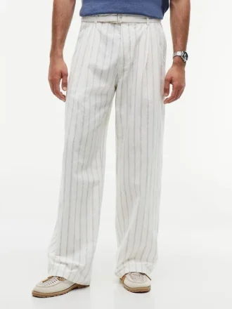 Pantaloni cu curele din amestec de bumbac și in, cu dungi