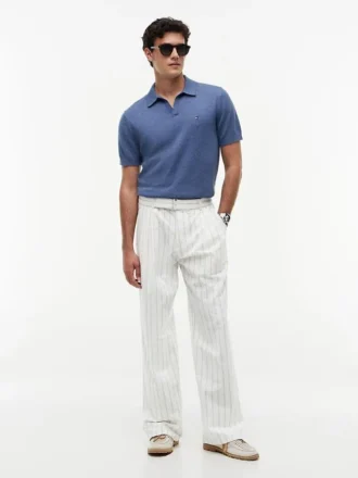Pantaloni cu curele din amestec de bumbac și in, cu dungi