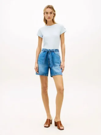 Pantaloni scurți din denim cu talie înaltă și curele