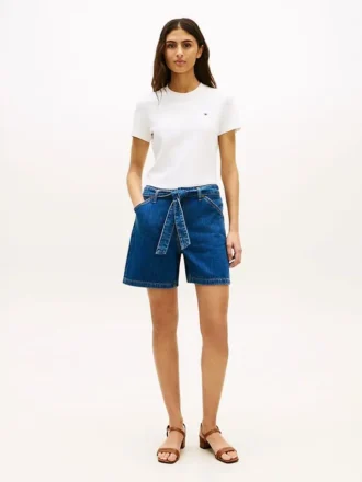 Pantaloni scurți din denim cu talie înaltă și curele