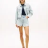 Pantaloni scurți din denim largi, cu talie înaltă și aspect uzat Pantaloni scurți din denim largi, cu talie înaltă și aspect uzat