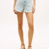 Pantaloni scurți din denim largi, cu talie înaltă și aspect uzat Pantaloni scurți din denim largi, cu talie înaltă și aspect uzat