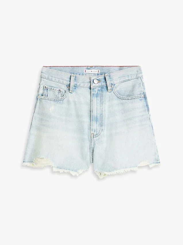 Pantaloni scurți din denim largi, cu talie înaltă și aspect uzat Pantaloni scurți din denim largi, cu talie înaltă și aspect uzat