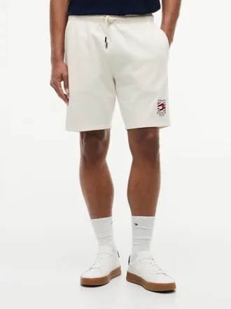 Pantaloni scurți din material frotir cu logo steag ondulat, croială regular Pantaloni scurți din material frotir cu logo steag ondulat, croială regular