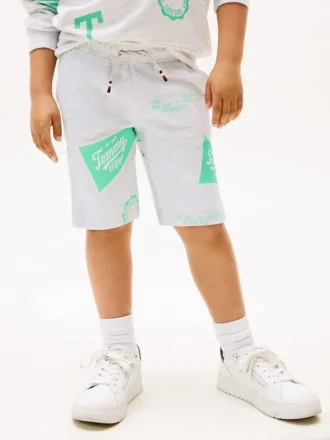 Pantaloni scurți din material sport pentru copii cu logo mixt pe toată suprafața