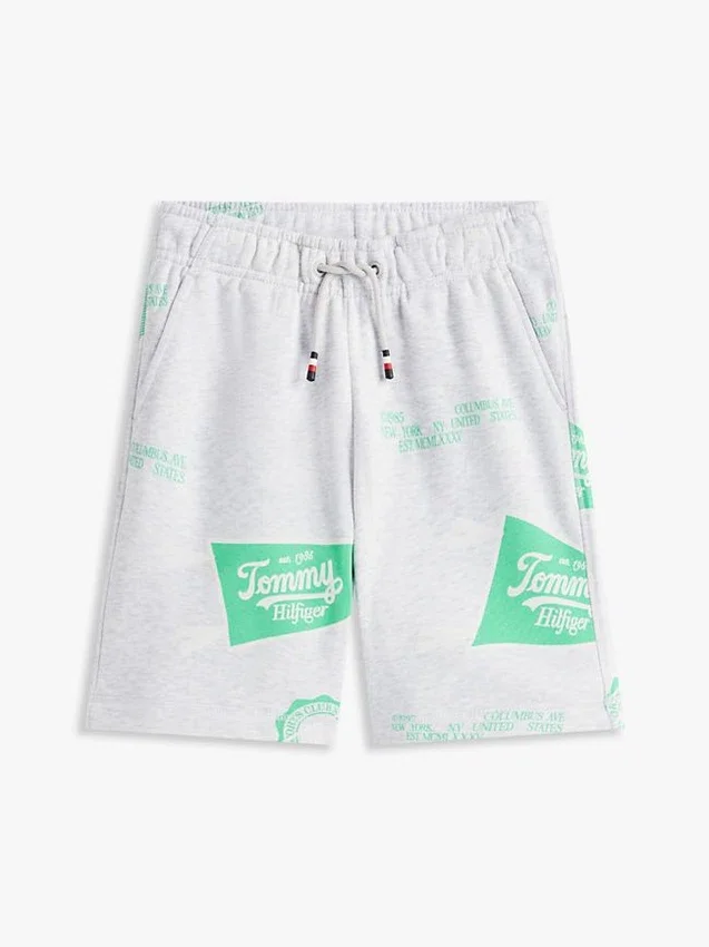 Pantaloni scurți din material sport pentru copii cu logo mixt pe toată suprafața Pantaloni scurți din material sport pentru copii cu logo mixt pe toată suprafața