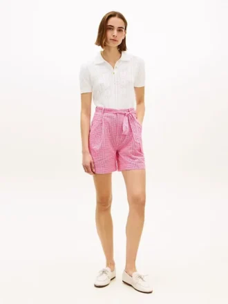 Pantaloni scurți din seersucker cu imprimeu gingham și curea