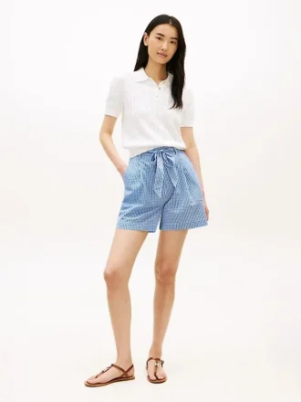 Pantaloni scurți din seersucker cu imprimeu gingham și curea